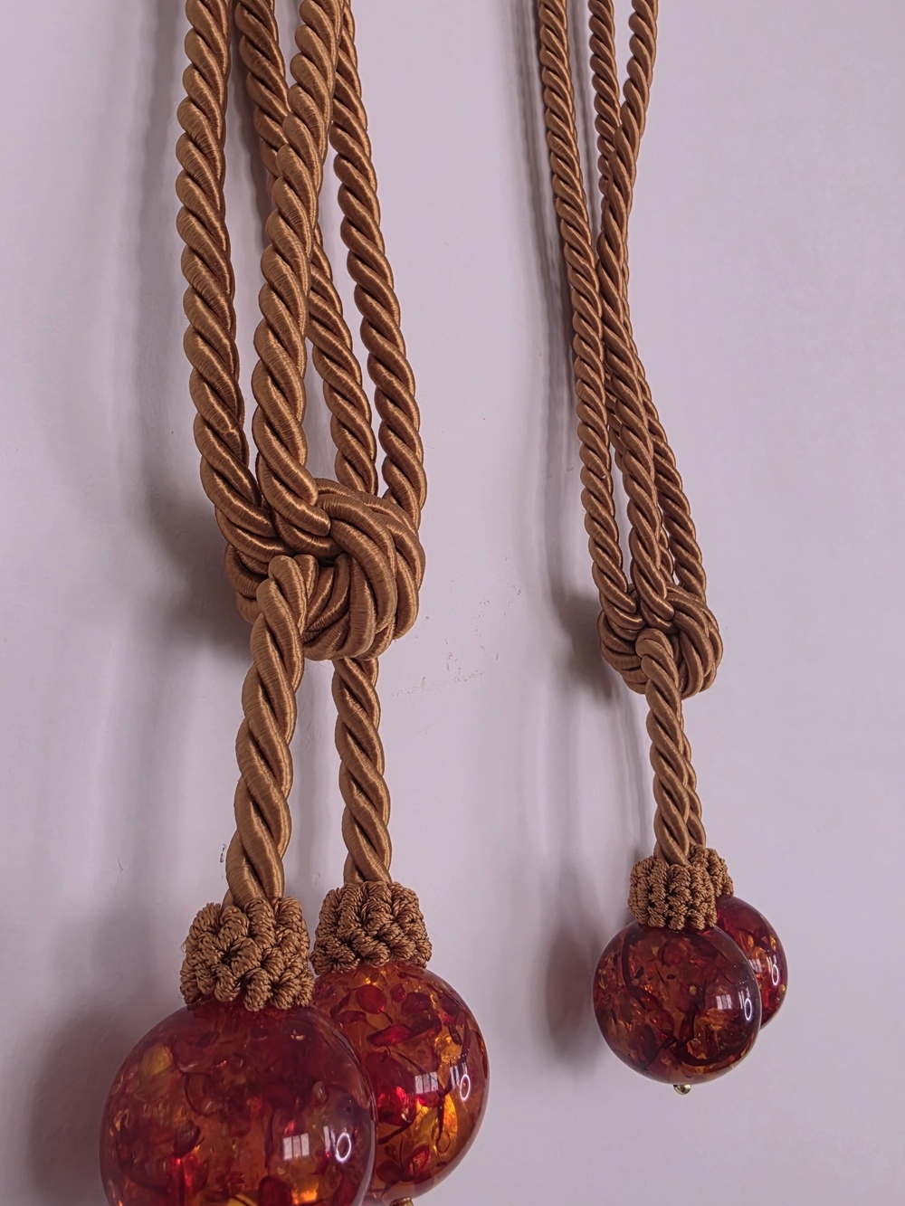 VINTAGE Gold Corded Tassel Curtain Holders w. Amber-Red Glass Orbs Accents NWOT